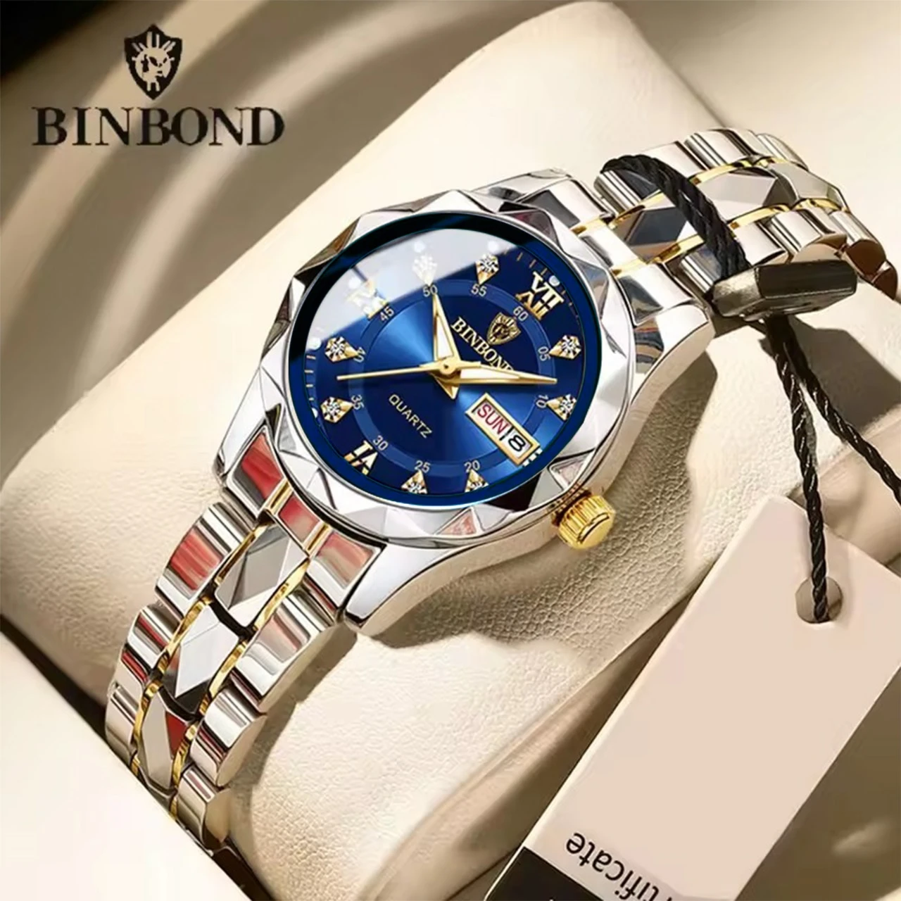 BINBOND মেয়েদের ঘড়ি Stainless Steel Quartz Watch Waterproof Top Luminous Date Week Citizen Movement Fashion Style