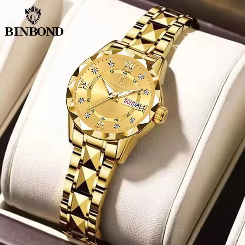 BINBOND মেয়েদের ঘড়ি Stainless Steel Quartz Watch Waterproof Top Luminous Date Week Citizen Movement Fashion Style — thumbnail 2