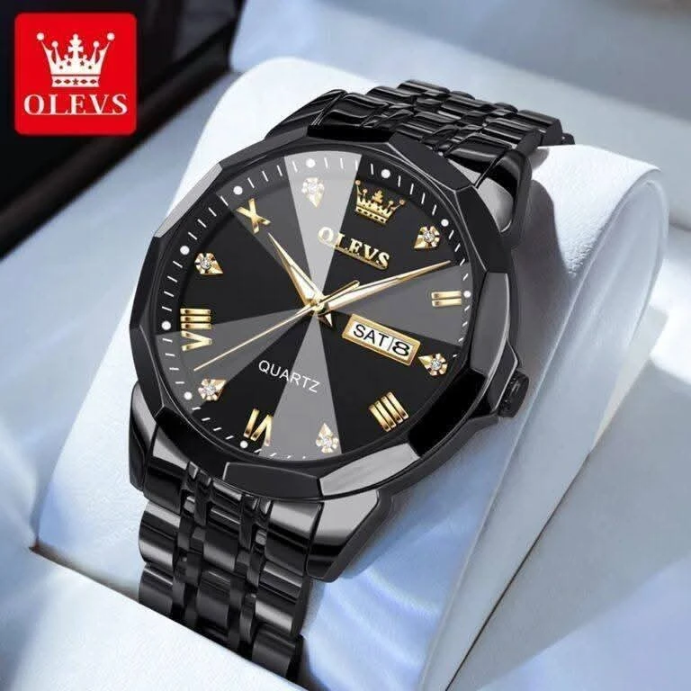 OLEVS 9931 Quartz Watch For Men Rhombus Mirror Stainless Steel Waterproof Date Week Clock Simplicity Luxury Men's Wristwatch- black — thumbnail 2