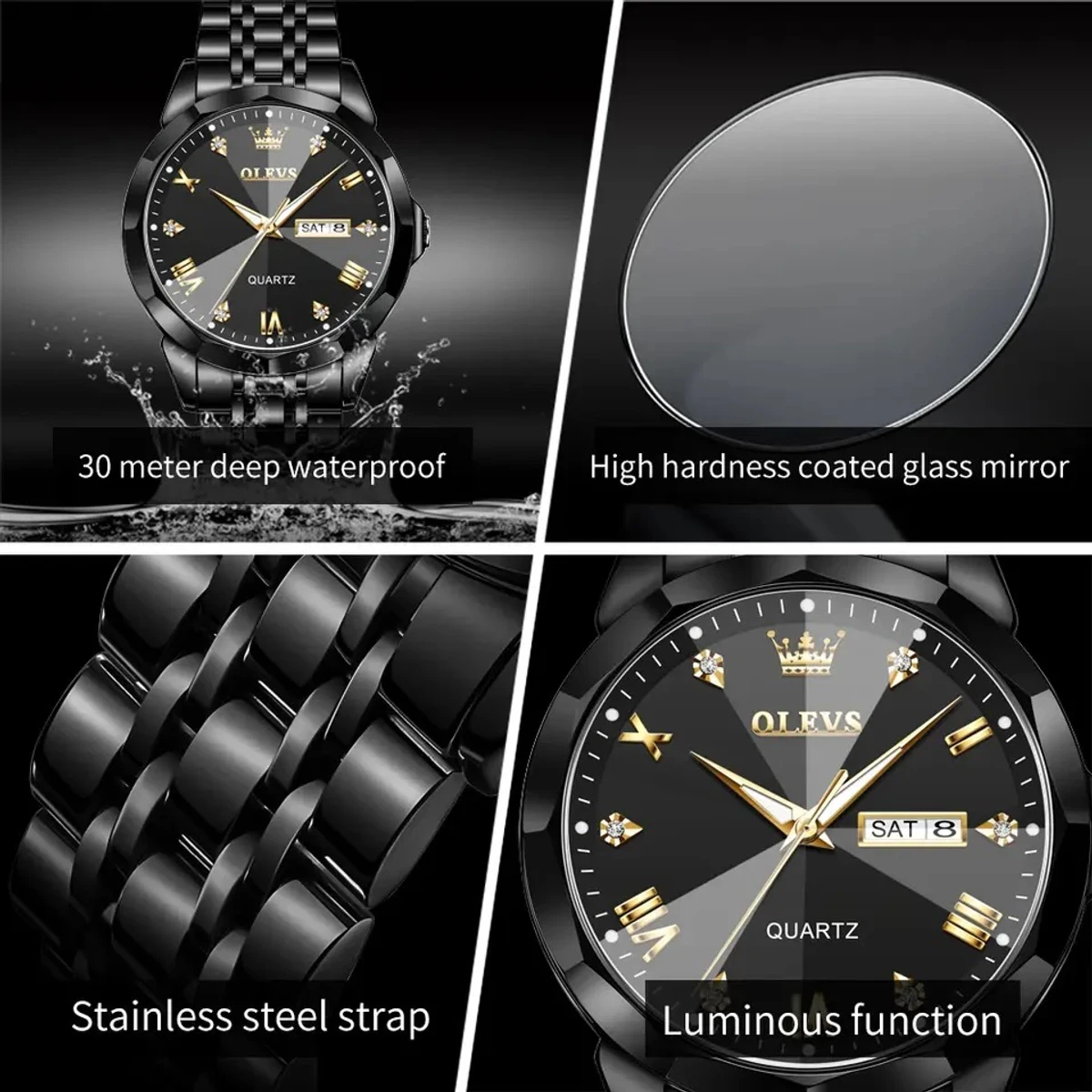 OLEVS 9931 Quartz Watch For Men Rhombus Mirror Stainless Steel Waterproof Date Week Clock Simplicity Luxury Men's Wristwatch- black — thumbnail 3