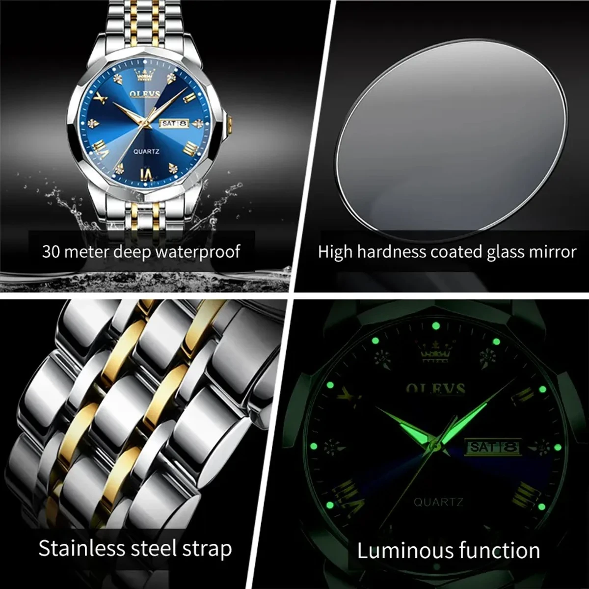 OLEVS 9931 Quartz Watch For Men Rhombus Mirror Stainless Steel Waterproof Auto Date Week Clock Simplicity Luxury Men's Wristwatch- Blue — thumbnail 2