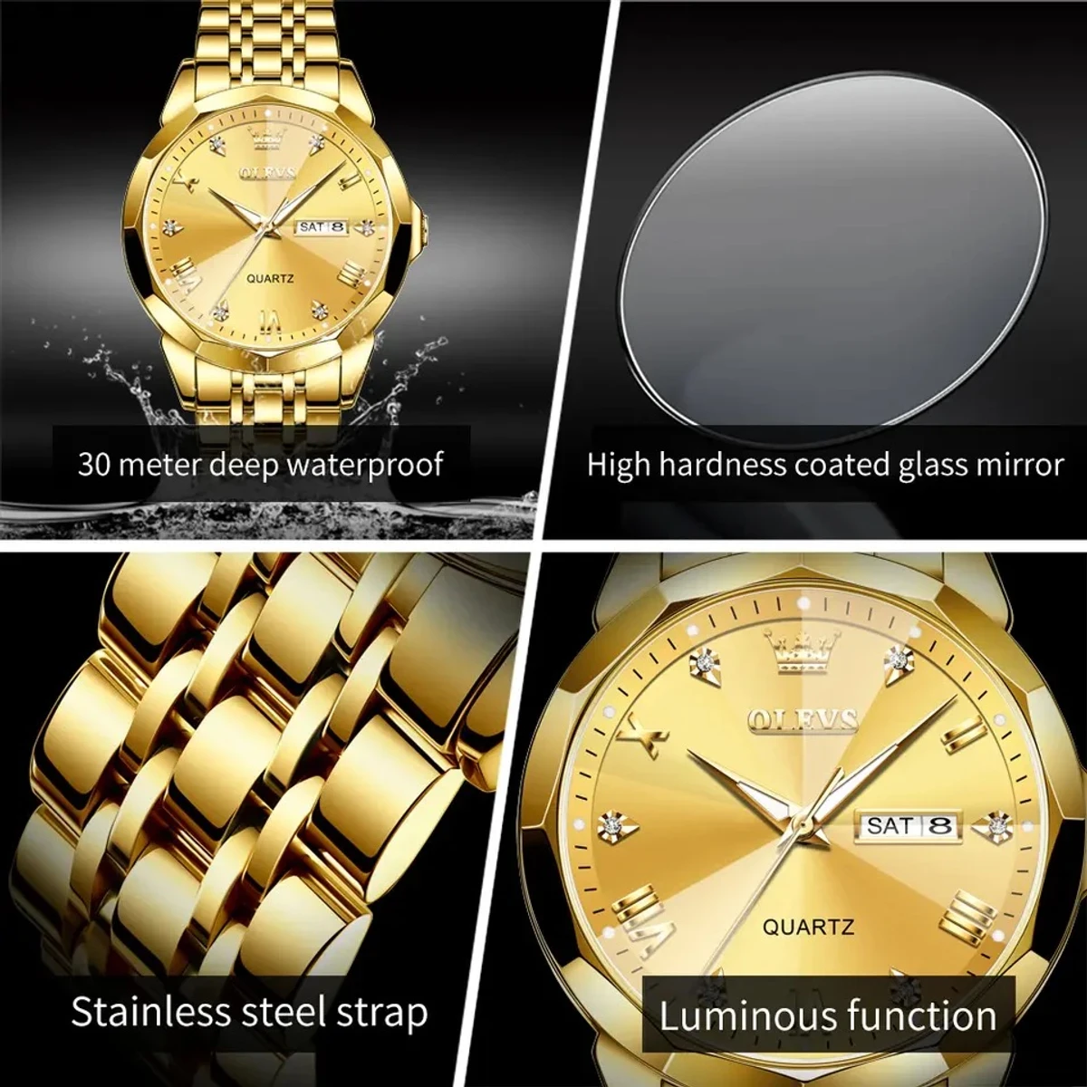 OLEVS 9931 Quartz Watch For Men Rhombus Mirror Stainless Steel Waterproof Date Week Clock Simplicity Luxury Men's Wristwatch- Golden — thumbnail 2