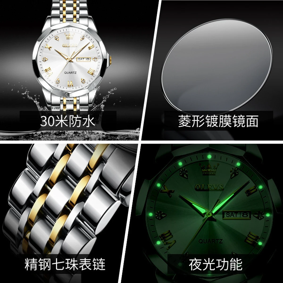 OLEVS 9931 Quartz Watch For Men Rhombus Mirror Stainless Steel Waterproof Date Week Clock Simplicity Luxury Men's Wristwatch- white — thumbnail 2