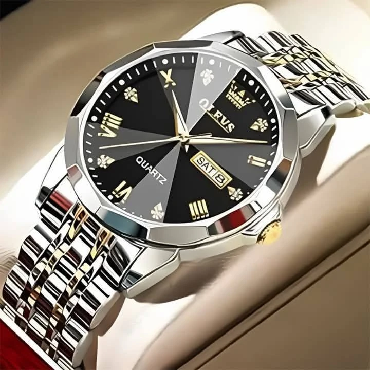 OLEVS 9931 Quartz Watch For Men Rhombus Mirror Stainless Steel Waterproof Date Week Clock Simplicity Luxury Men's Wristwatch- totton black