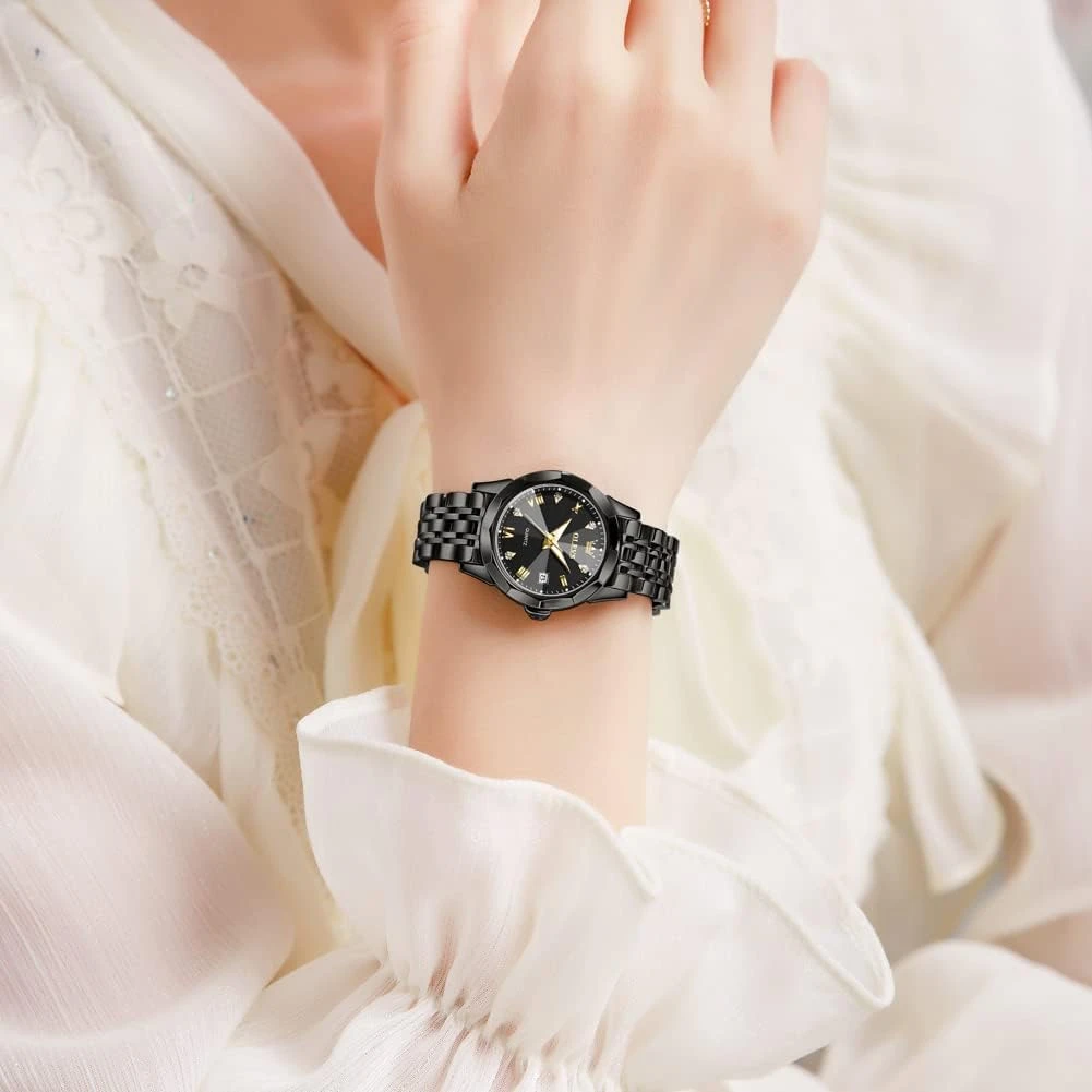 Orginal Women Analog Quartz Stainless Steel Luminous Date Two Tone Luxury Casual Wrist Watch full black — thumbnail 2