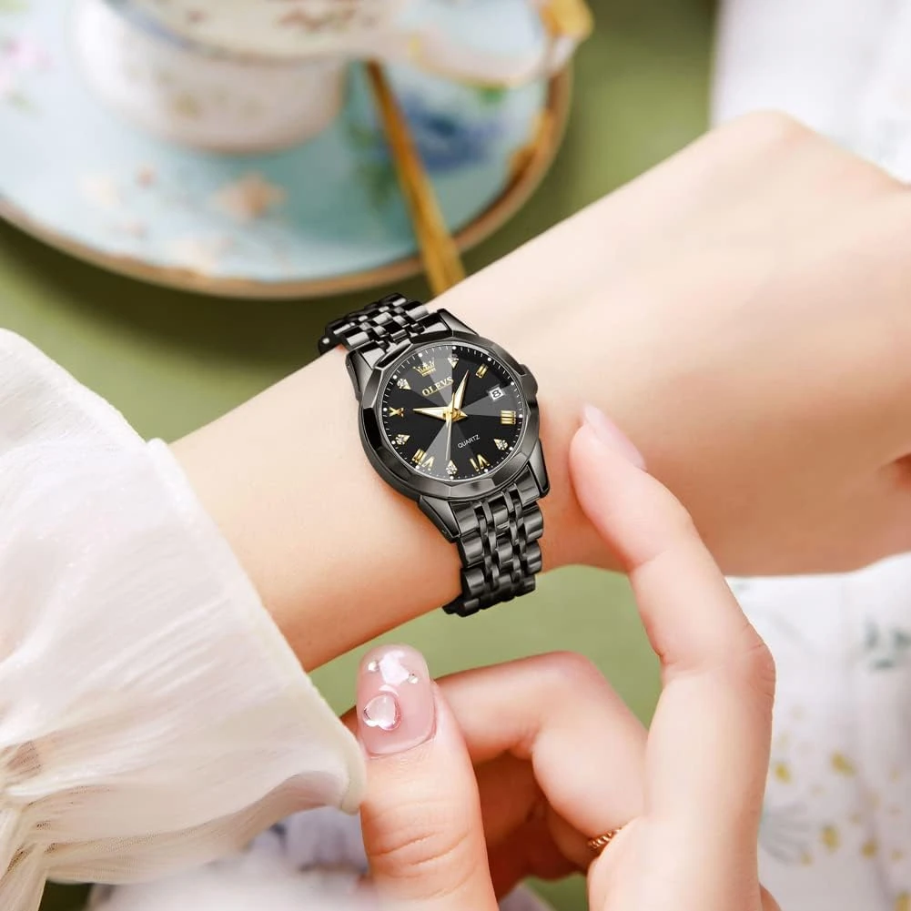 Orginal Women Analog Quartz Stainless Steel Luminous Date Two Tone Luxury Casual Wrist Watch full black — thumbnail 3