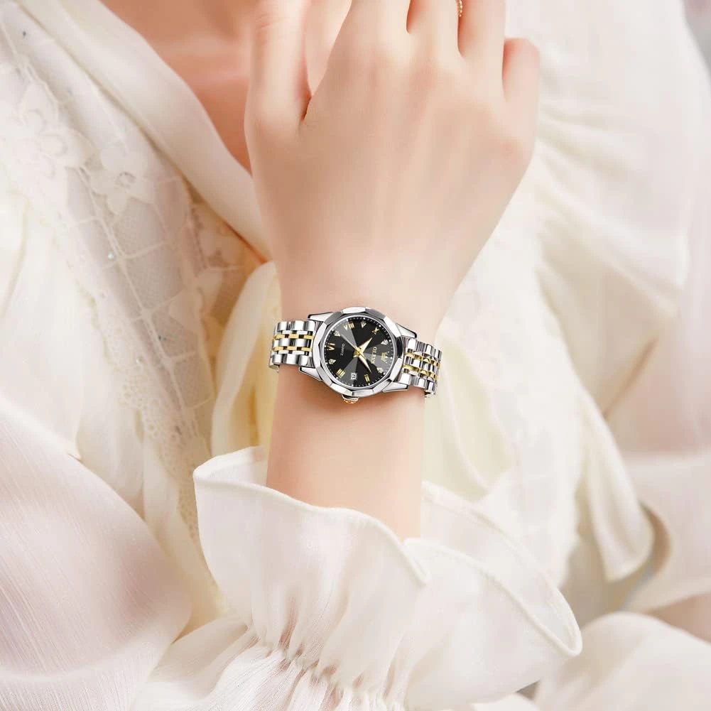 Orginal Women Analog Quartz Stainless Steel Luminous Date Two Tone Luxury Casual Wrist Watch totton black — thumbnail 2