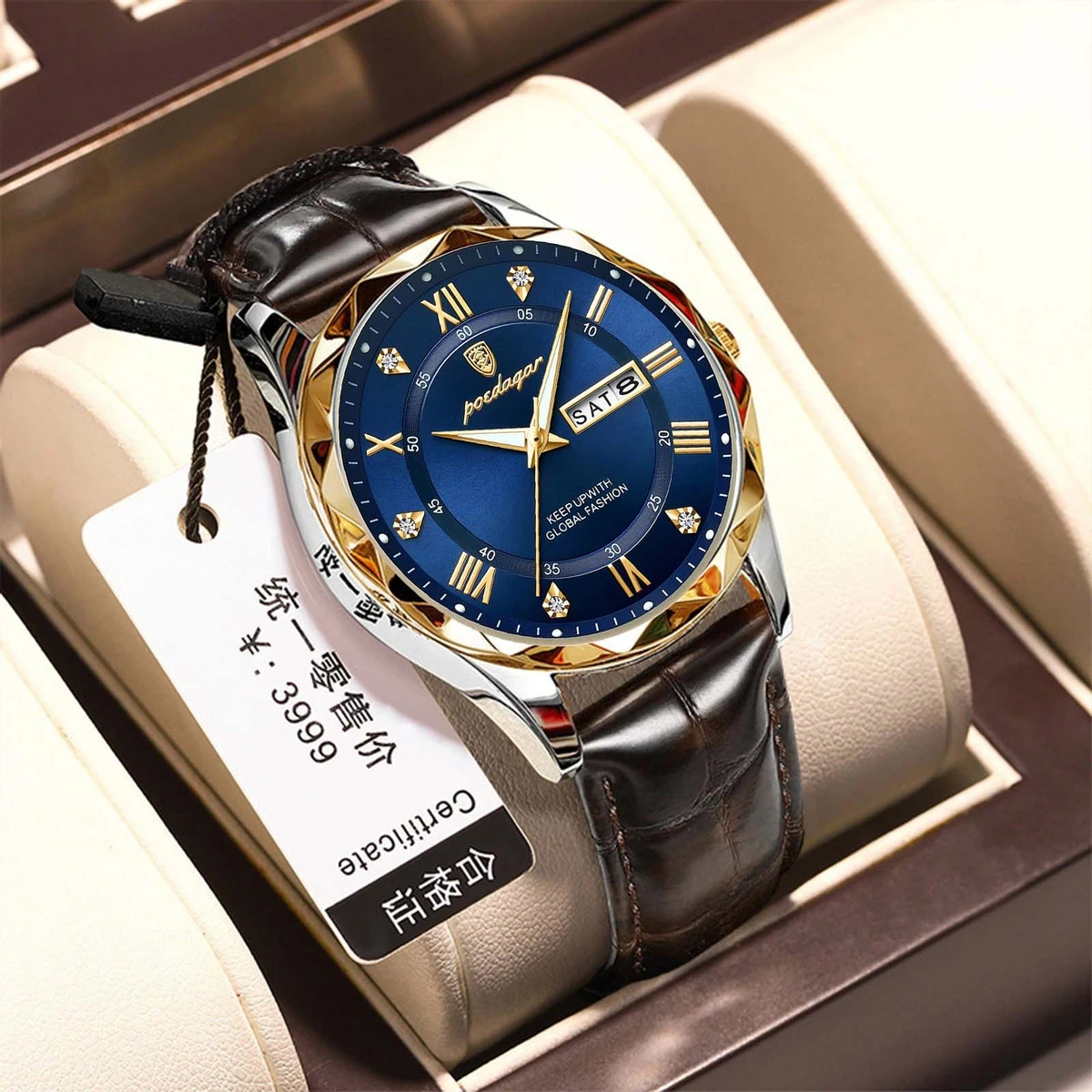 POEDAGAR 615- Orginal Leather Belt Date Week Watch For Men
