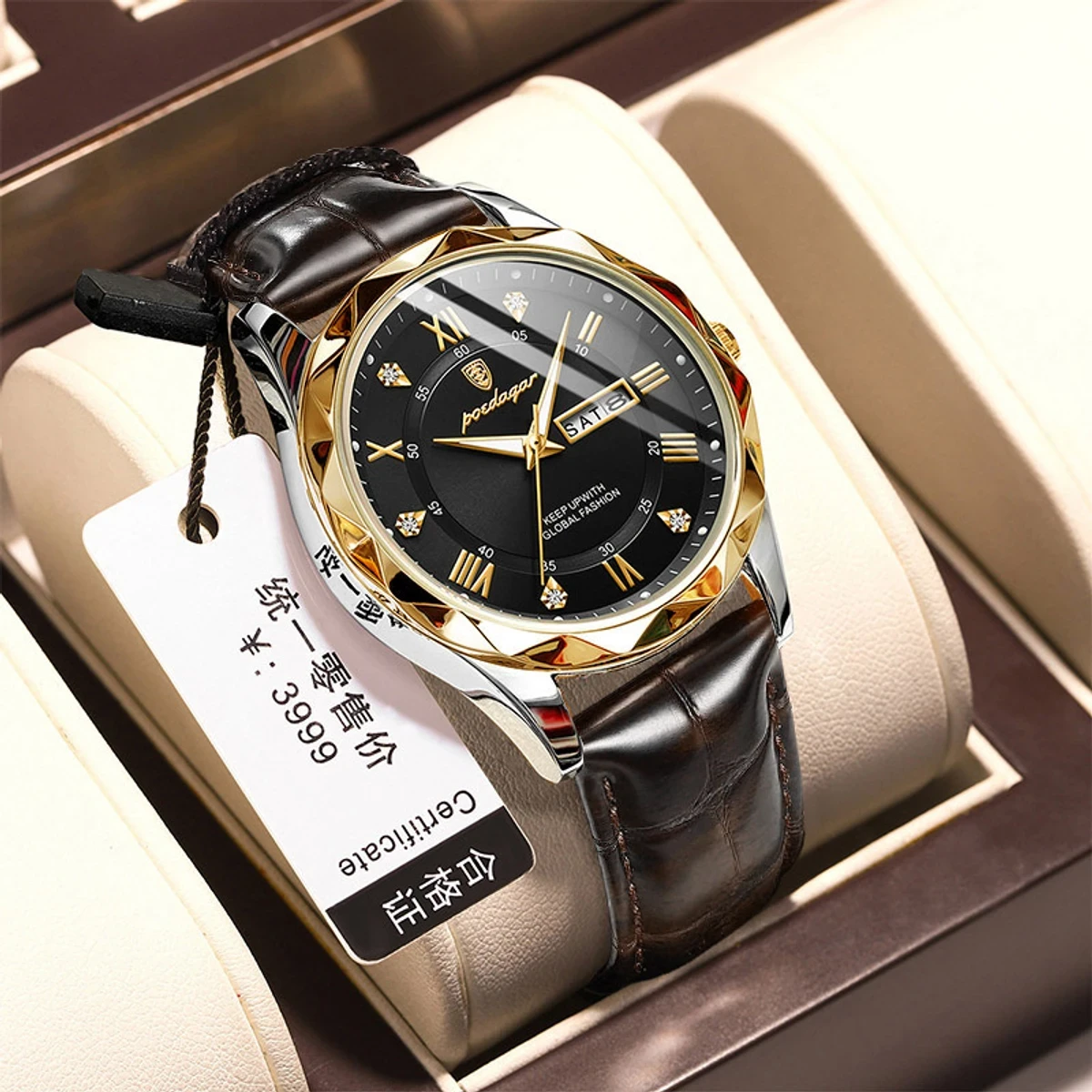 POEDAGAR 615- Orginal Leather Belt Date Week Watch For Men