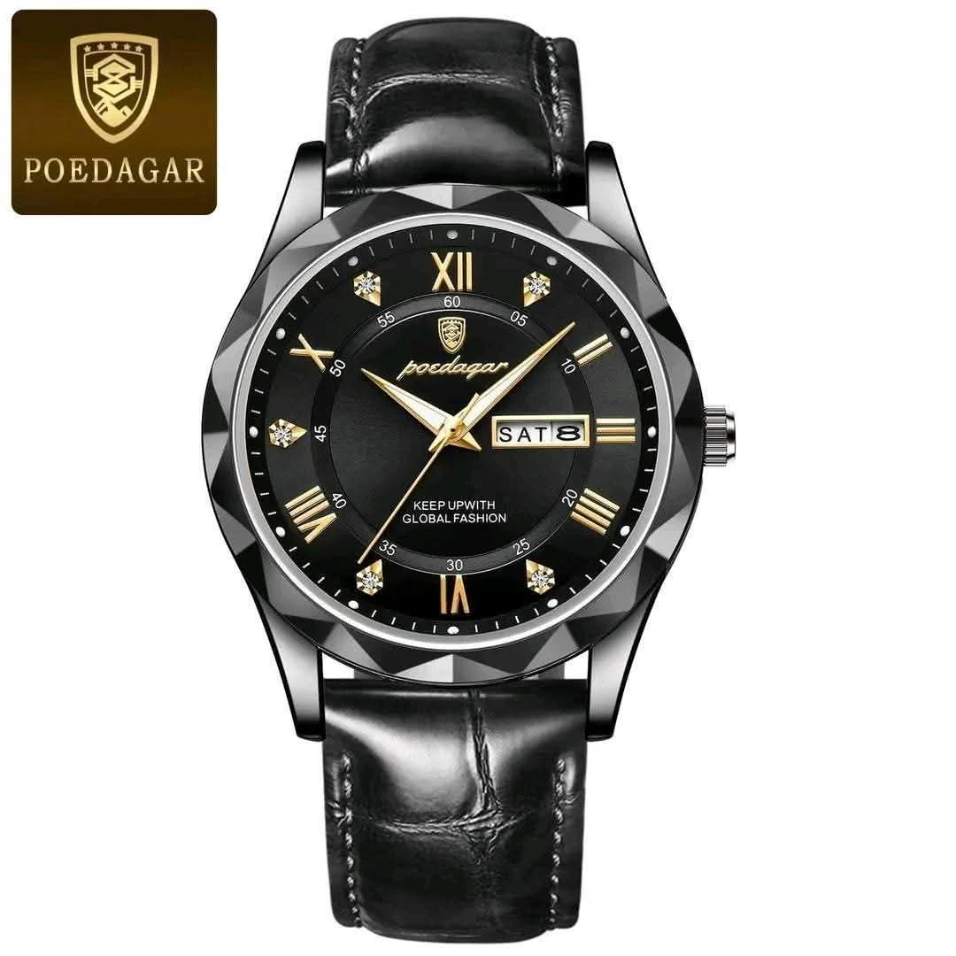 POEDAGAR 615- Orginal Leather Belt Date Week Watch For Men full balak