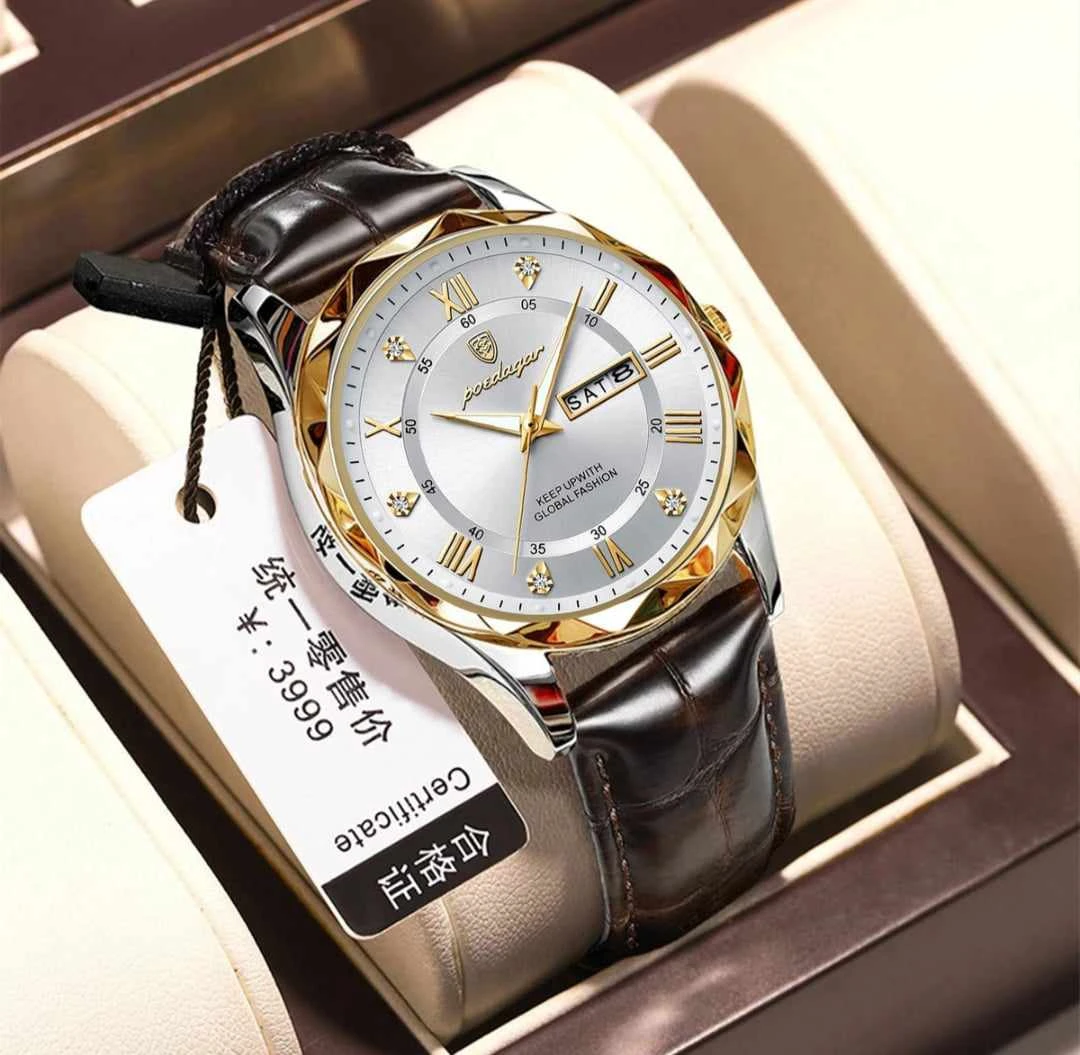 POEDAGAR 615- Orginal Leather Belt Date Week Watch For Men