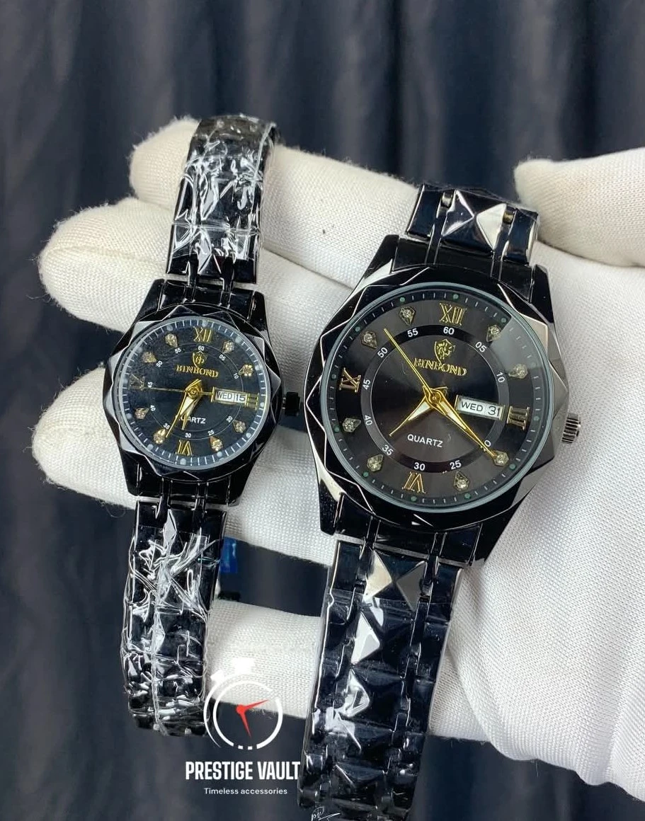 কাপল ঘড়ি Diamond Cutting Dail and Dual Calendar Watch Waterproof  full black