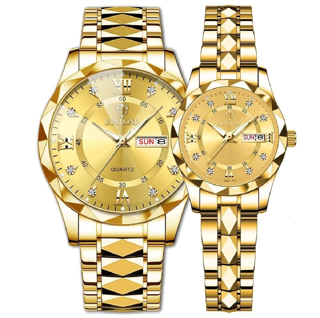 কাপল ঘড়ি Diamond Cutting Dail and Dual Calendar Watch Waterproof golden