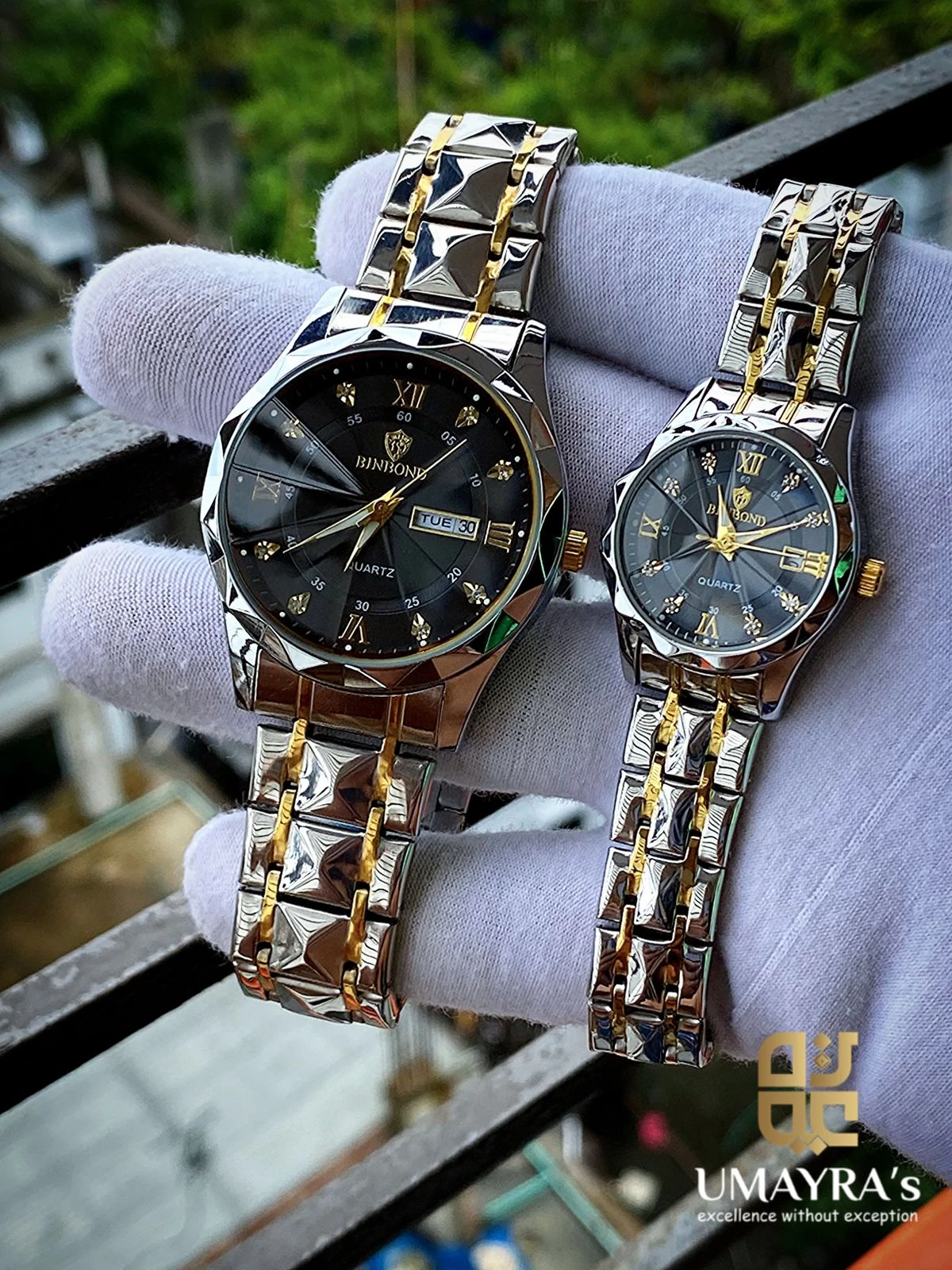 কাপল ঘড়ি Diamond Cutting Dail and Dual Calendar Watch Waterproof totton black